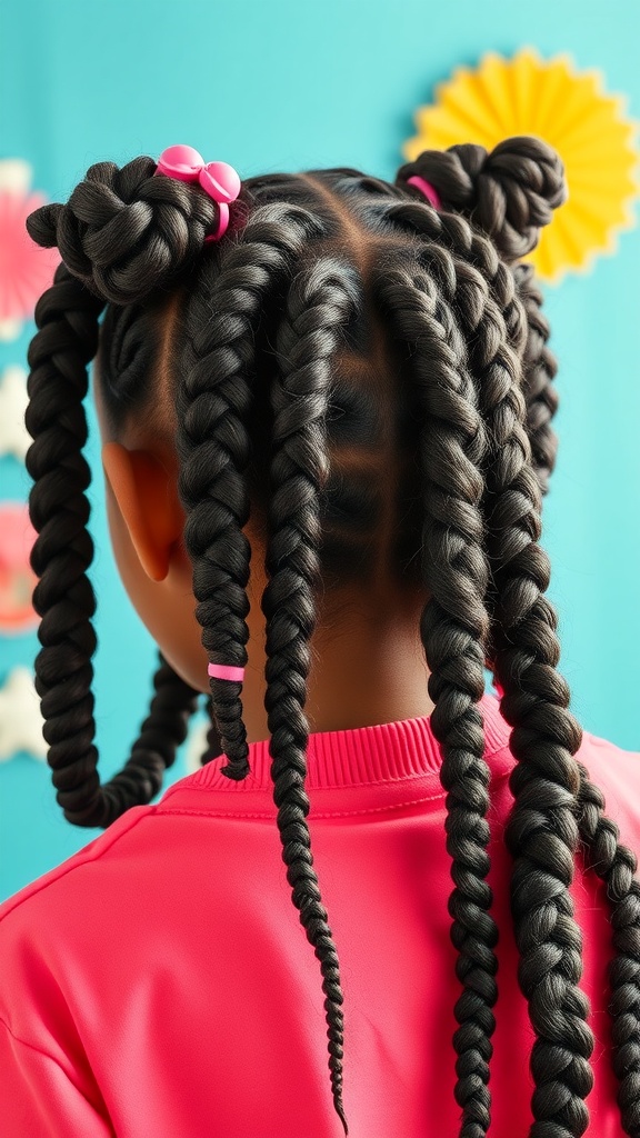 A close-up view of bubble box braids styled with pink accessories.