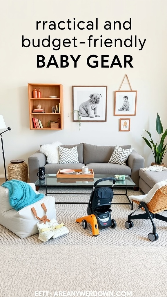 A cozy living room with practical and budget-friendly baby gear.