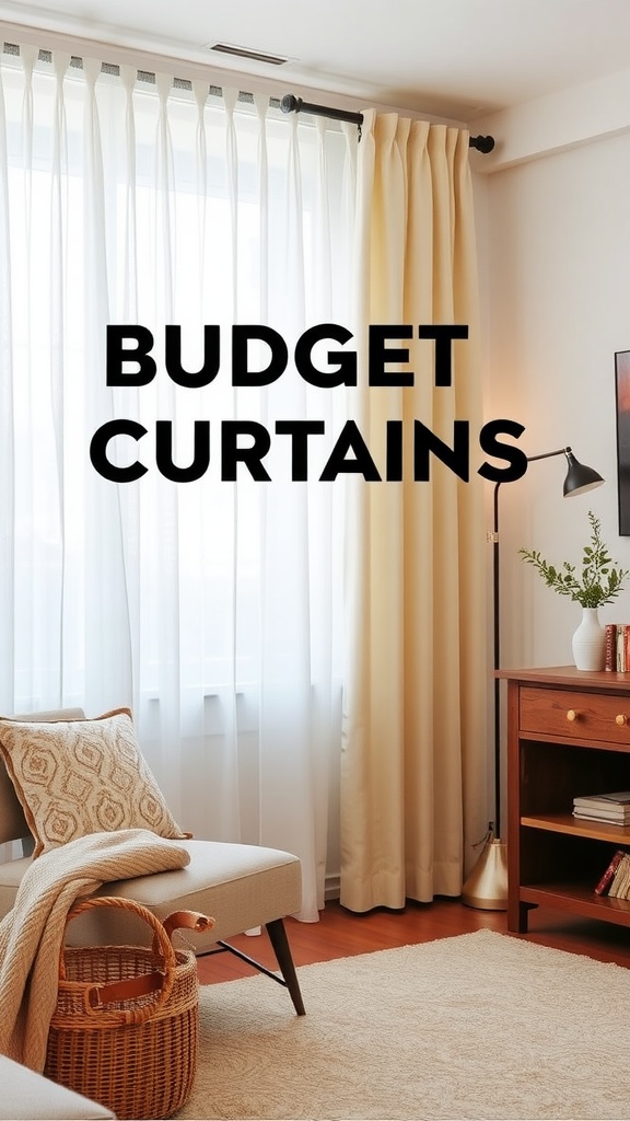 A cozy living room featuring budget-friendly curtains in soft colors.