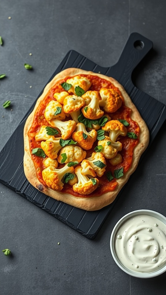 Buffalo Cauliflower Pizza topped with mozzarella cheese and fresh parsley