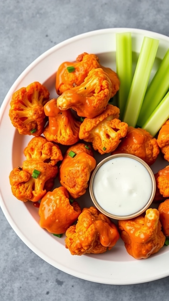 A bowl of Buffalo Cauliflower Wings with buffalo sauce and celery sticks