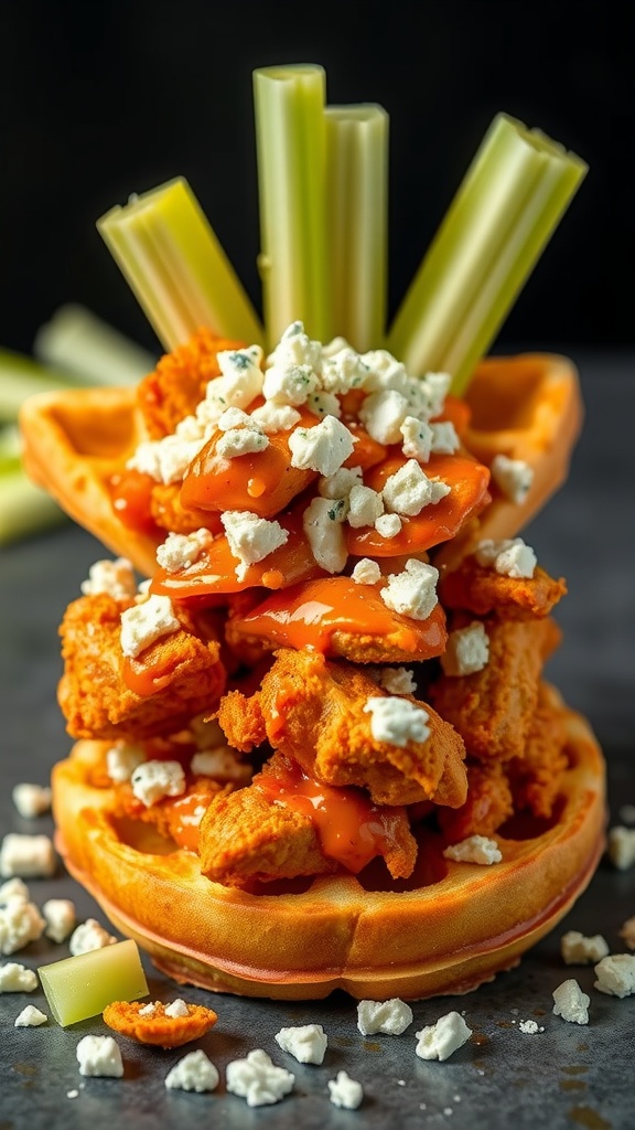Buffalo chicken chaffle topped with blue cheese and celery sticks