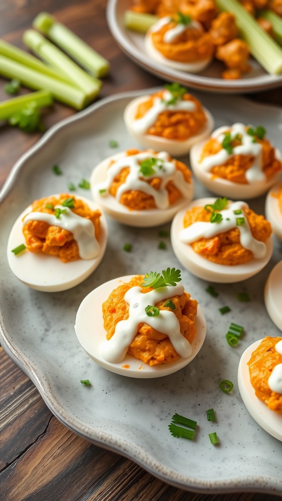 Buffalo chicken deviled eggs on a platter garnished with ranch and herbs.