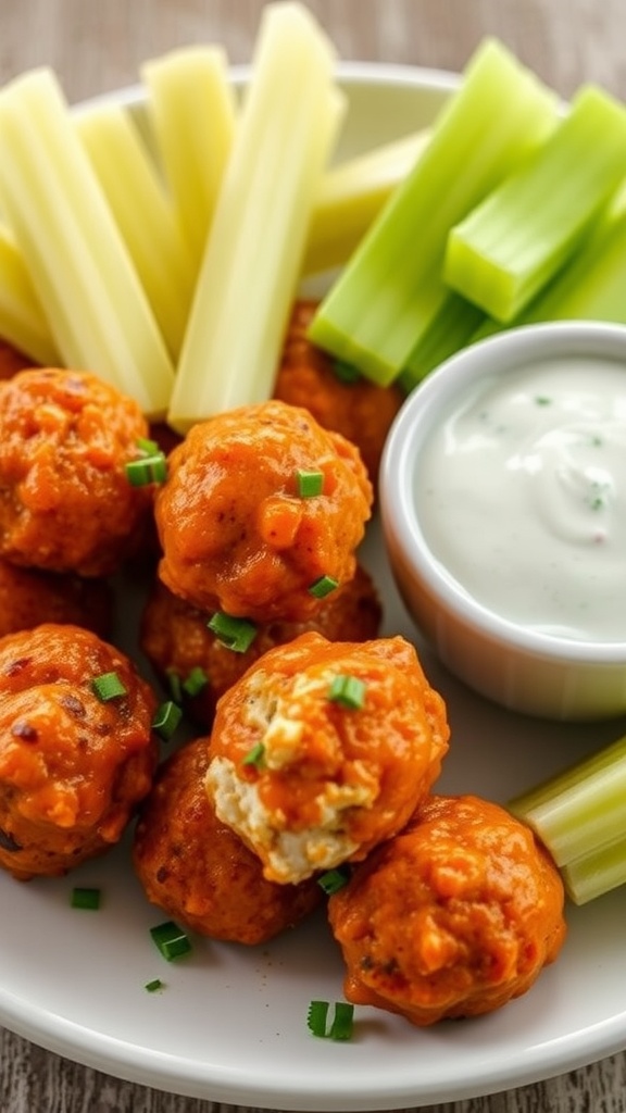 Buffalo chicken meatballs with celery sticks and ranch dip.