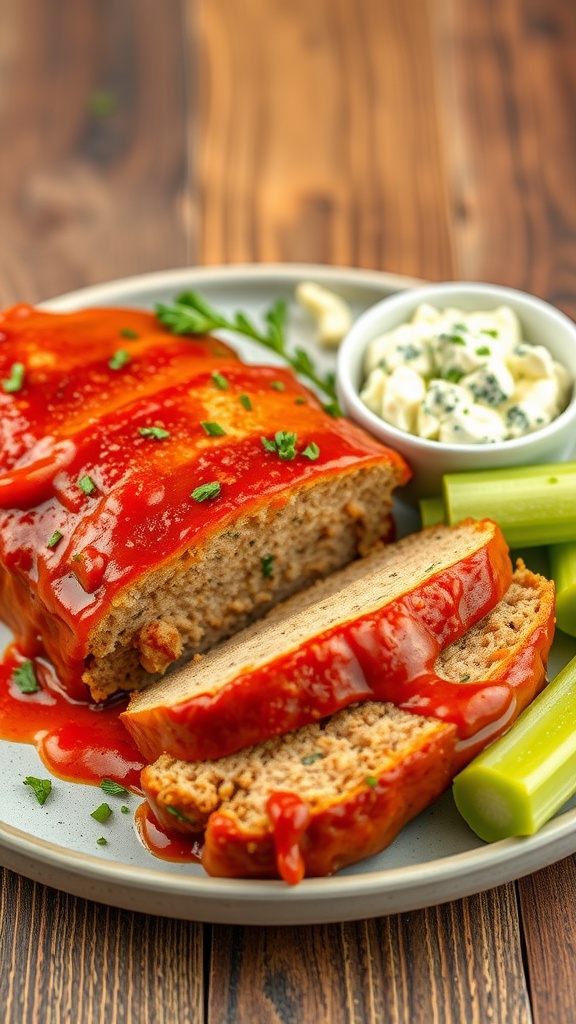 A delicious serving of buffalo chicken meatloaf with celery sticks and ranch dressing.