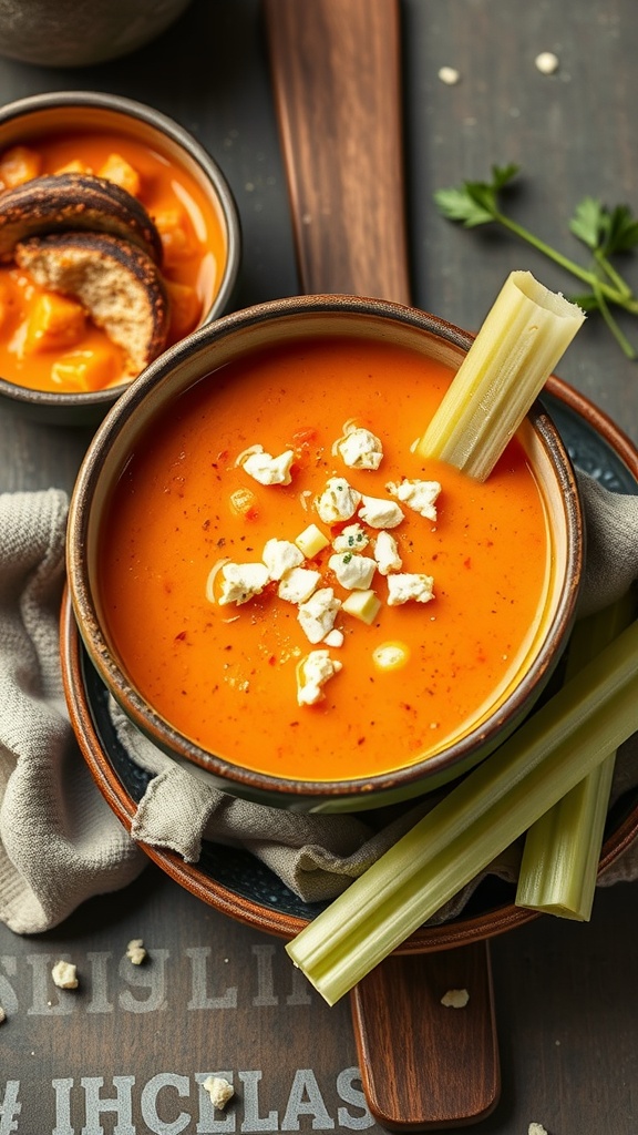 A bowl of buffalo chicken soup garnished with celery and cheese.
