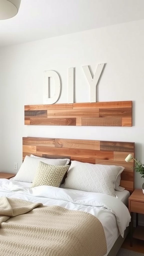 A cozy bedroom featuring a wooden DIY headboard with the letters DIY above it.