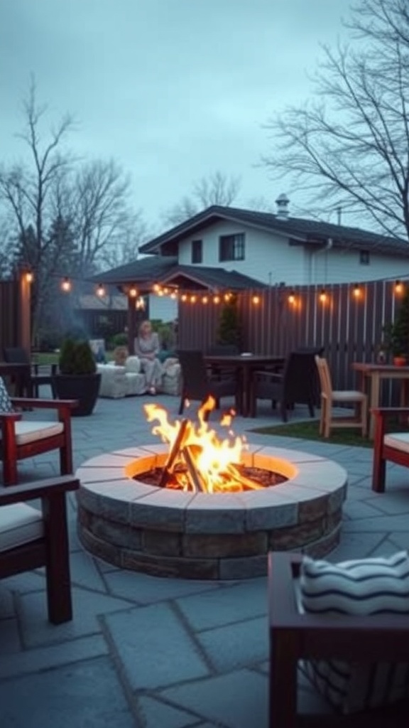 A backyard fire pit surrounded by chairs, creating a cozy outdoor gathering space.
