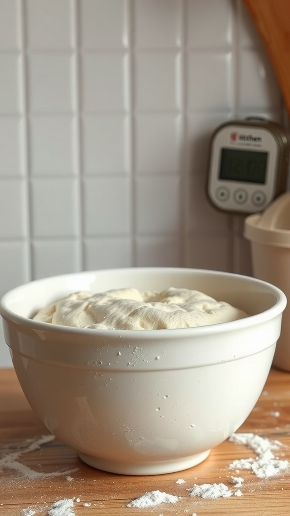 A bowl of risen dough during the bulk fermentation process for sourdough bread.