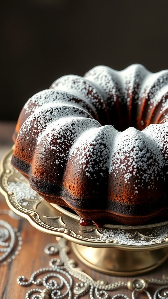 A beautifully baked chocolate bundt cake dusted with powdered sugar.