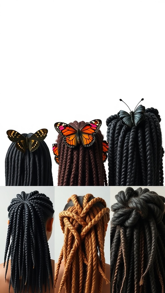 Different styles of butterfly locs displayed on various hair types.