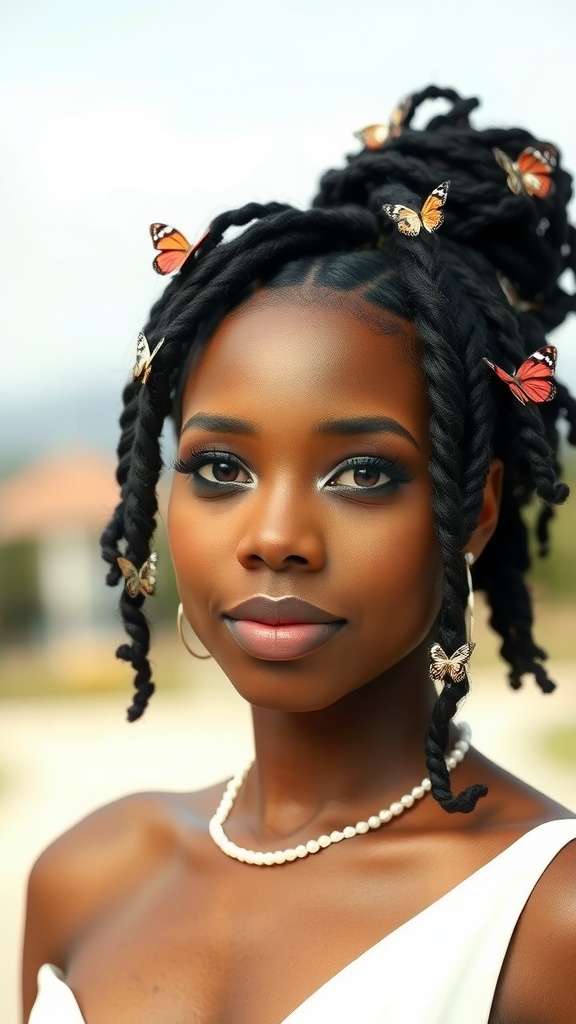 A person with butterfly locs and decorative butterfly accessories.