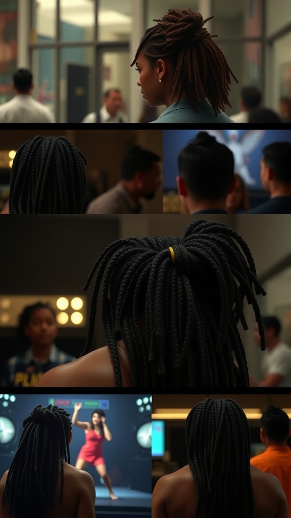 A collage of individuals showcasing butterfly locs in different settings.