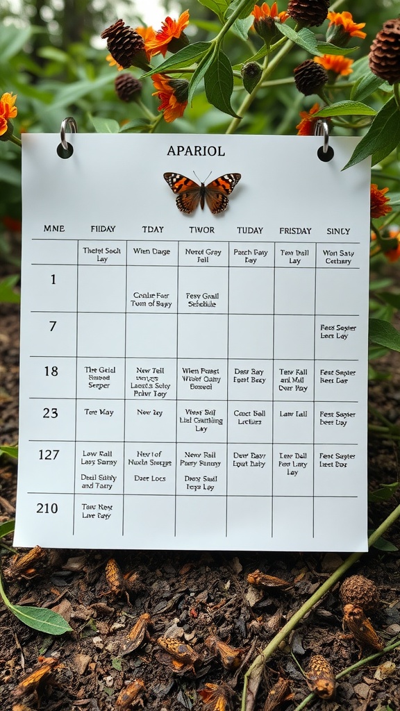 A calendar displaying a maintenance schedule with a butterfly perched on it, surrounded by flowers and pine cones.