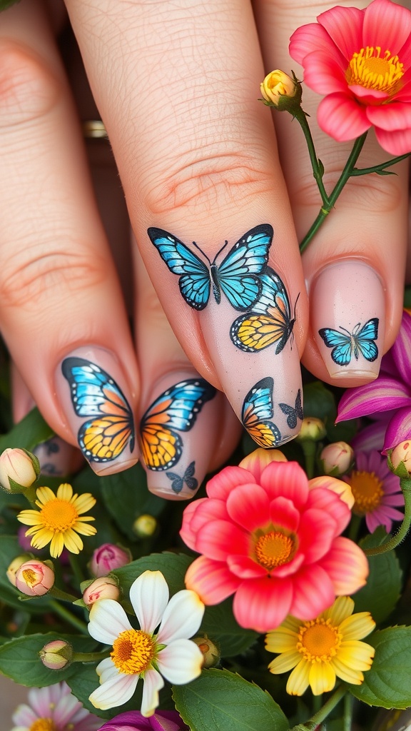 Nails with butterfly designs surrounded by colorful flowers.