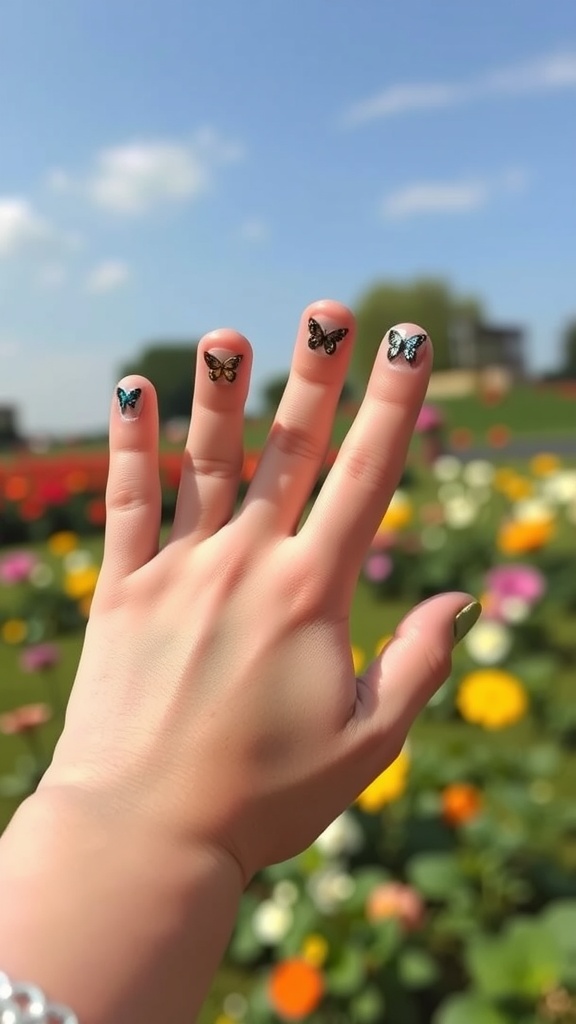 A hand with butterfly nail art in a colorful floral background