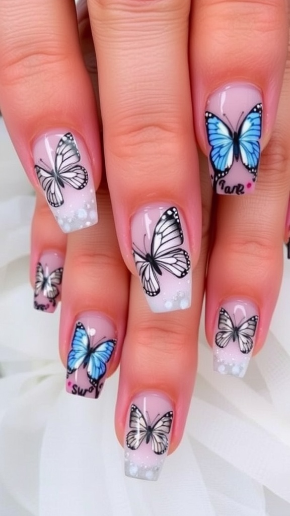 Nail art featuring colorful butterfly designs on a light background.