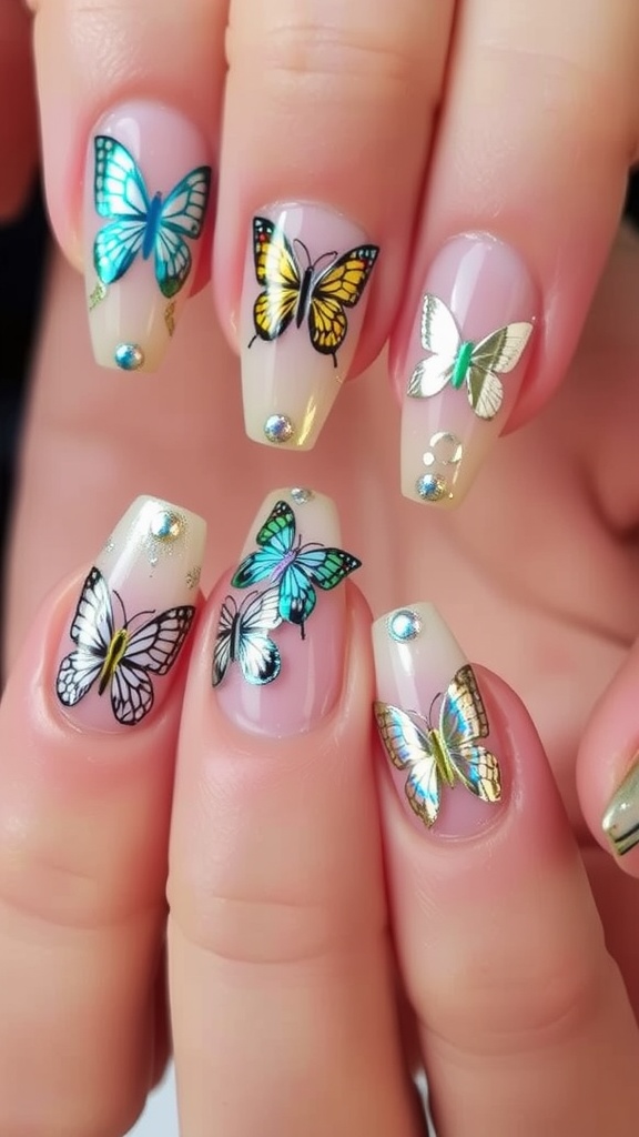 Nail art featuring butterfly designs and foil accents.
