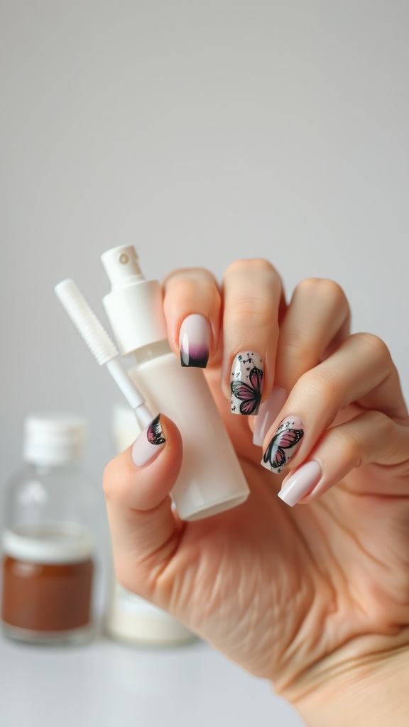 Close-up of butterfly nail art with a nail care spray in hand