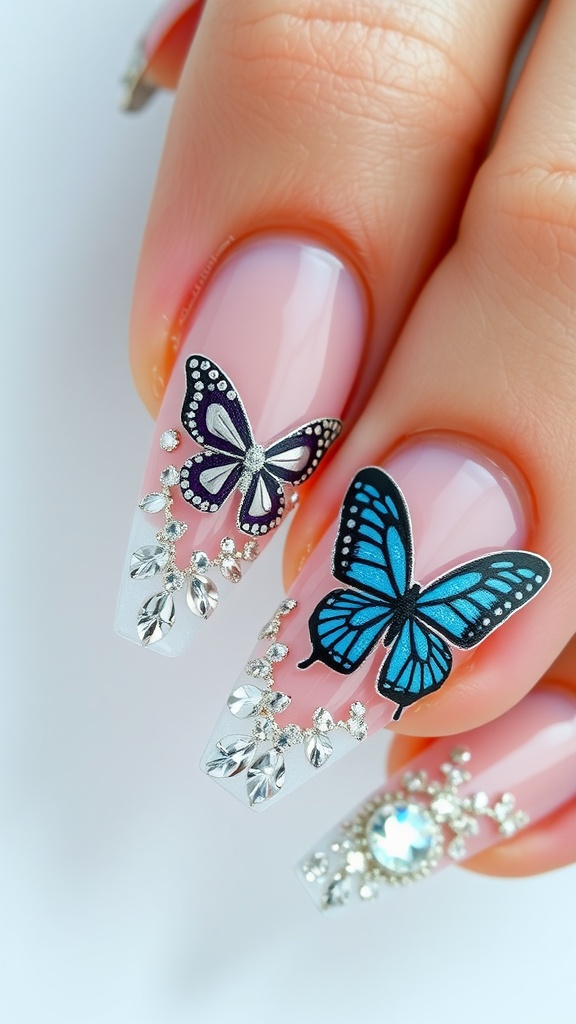 Close-up image of butterfly nail designs featuring rhinestones