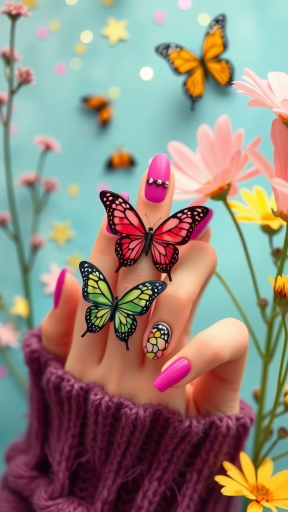 Colorful butterfly nail art with flowers and butterflies in the background
