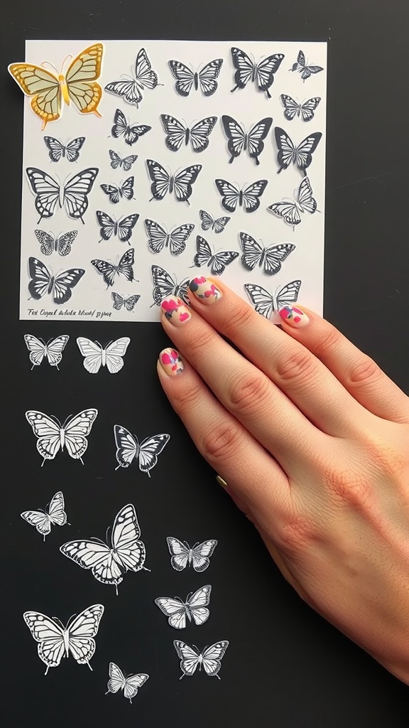 A collection of butterfly nail stickers with a hand showing decorated nails.
