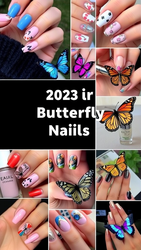 Collage of various butterfly nail designs for 2023