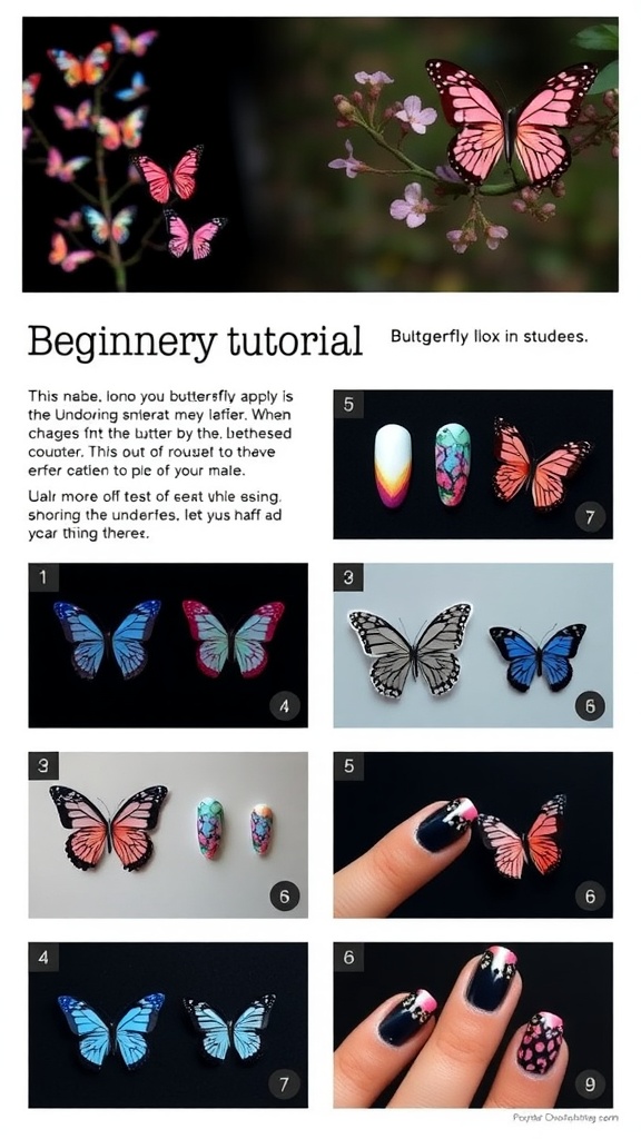 A beginner tutorial showcasing butterfly nail designs with step-by-step images.