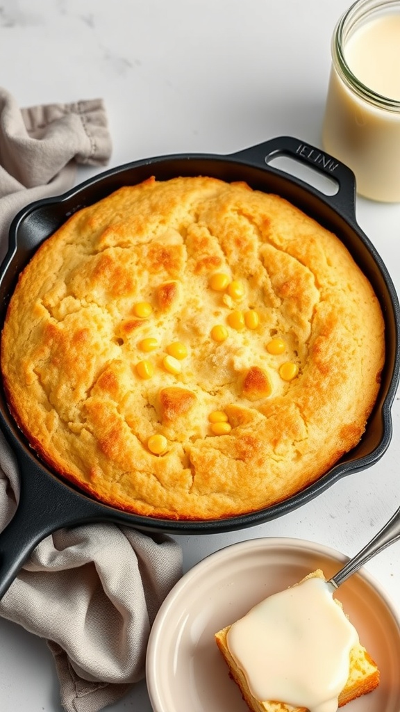 A slice of buttermilk cornbread with butter on a plate next to a skillet of cornbread.