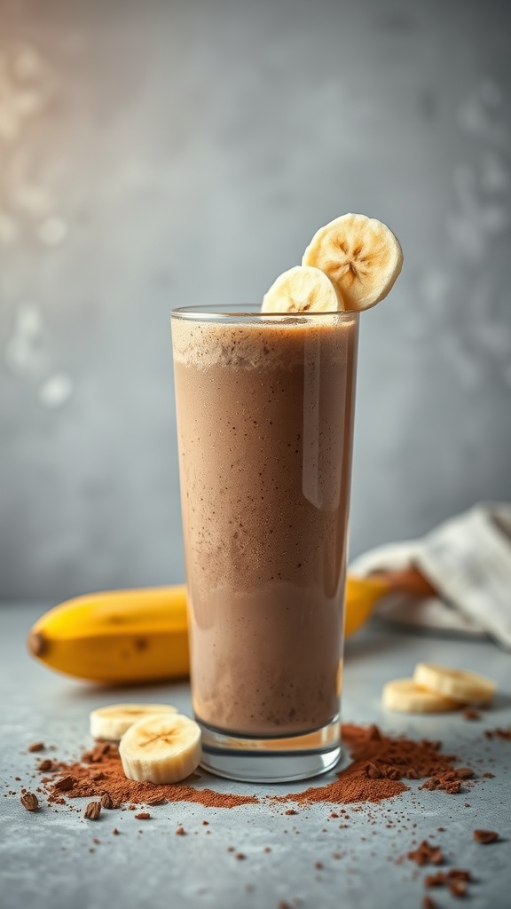 A cacao and banana protein smoothie in a tall glass, garnished with banana slices, with bananas and cacao powder in the background.