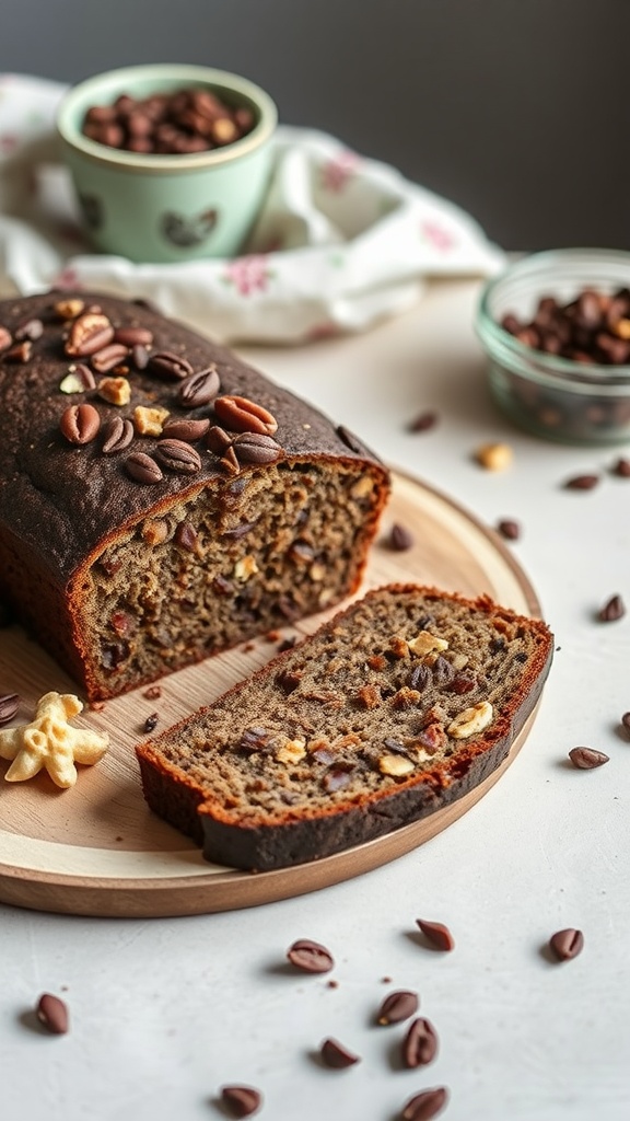 A loaf of cacao and nut bread sliced on a wooden board, showcasing its texture and nut pieces.