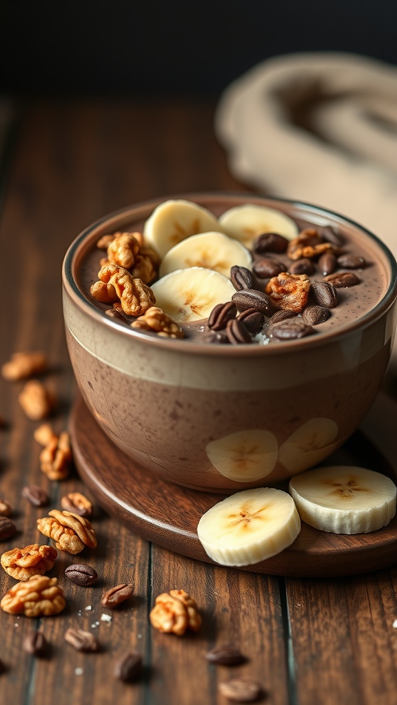 A healthy cacao banana nut smoothie bowl topped with banana slices, walnuts, and coffee beans.