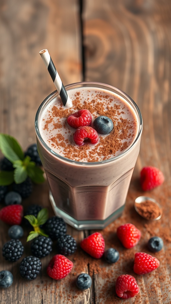 A delicious cacao berry smoothie topped with fresh raspberries and blueberries, surrounded by berries on a wooden table.