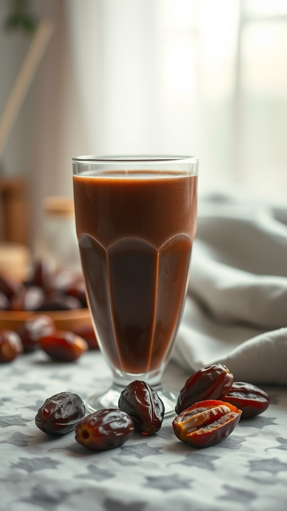 A glass of chocolate smoothie with dates around it.