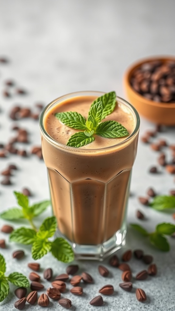 A refreshing Cacao Mint Coffee Shake served in a tall glass with mint leaves on top.