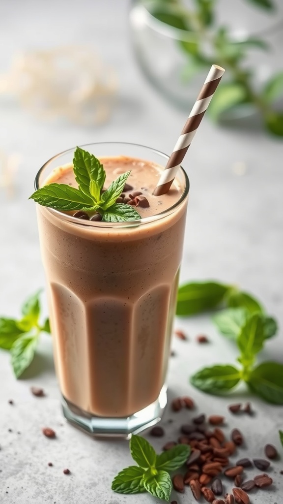 A refreshing Cacao Mint Smoothie garnished with mint leaves, served in a tall glass.