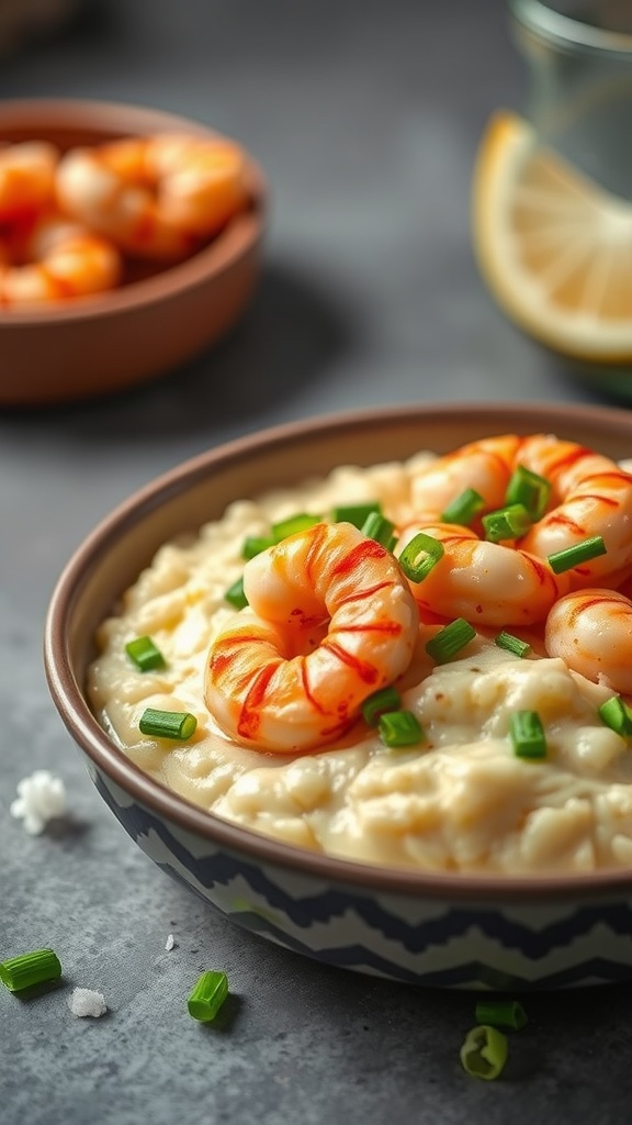 A bowl of creamy cauliflower grits topped with seasoned shrimp and green onions.