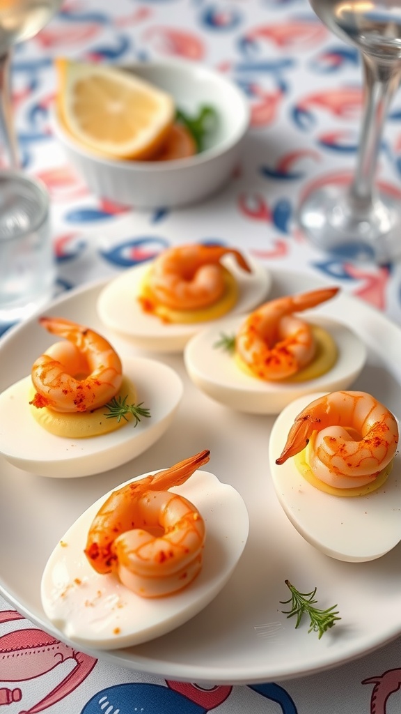 A plate of cajun shrimp deviled eggs garnished with parsley, served on a colorful tablecloth.