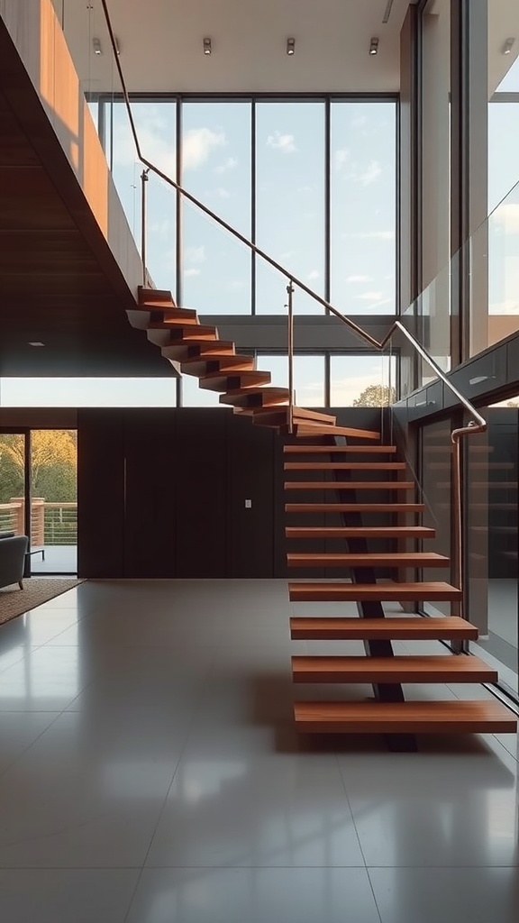 A modern cantilevered staircase with wooden steps, featuring large windows and contemporary design.