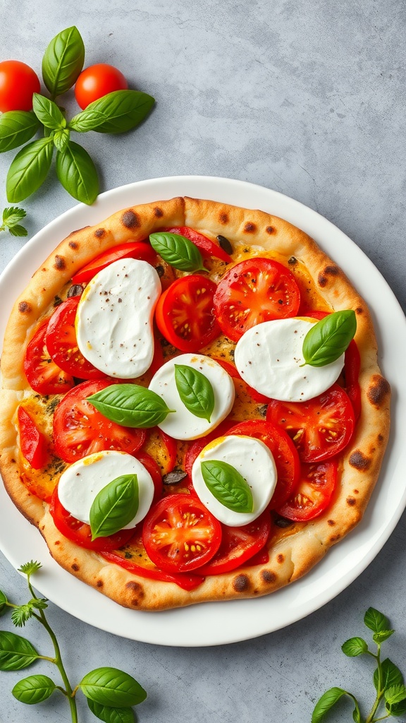 A delicious Caprese Keto Pizza topped with fresh tomatoes, mozzarella, and basil.
