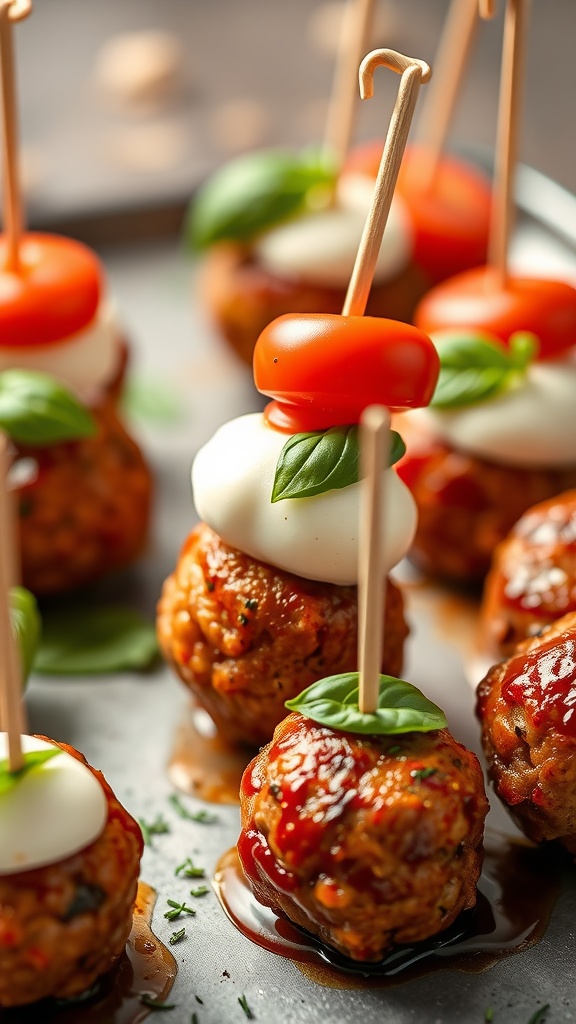 Caprese meatballs with cherry tomatoes and mozzarella on skewers