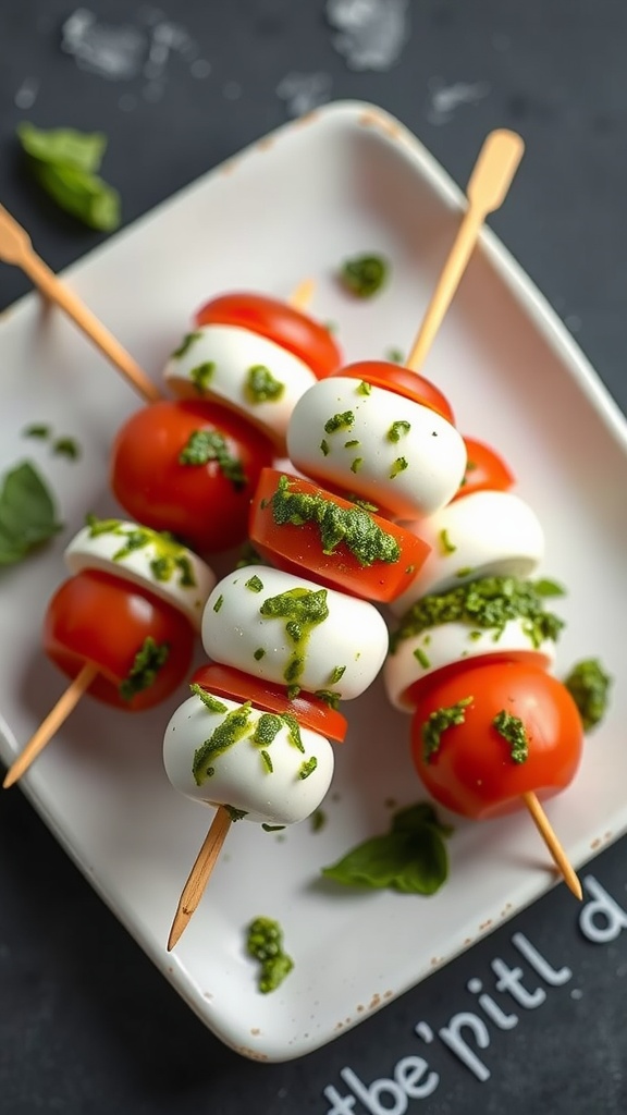 Caprese skewers with tomatoes, mozzarella, and pesto on a plate.