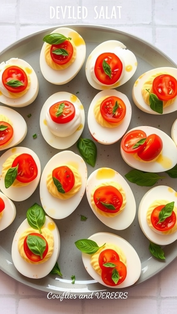 Caprese Style Deviled Eggs with tomatoes and basil