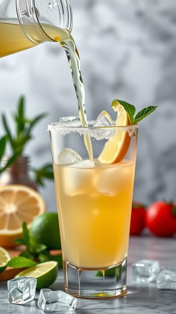 A refreshing margarita cocktail being poured into a glass with a salted rim, garnished with a lime wedge.