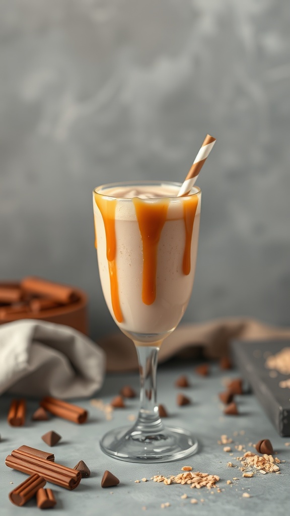 A caramel maca smoothie in a glass with a straw, drizzled with caramel sauce.