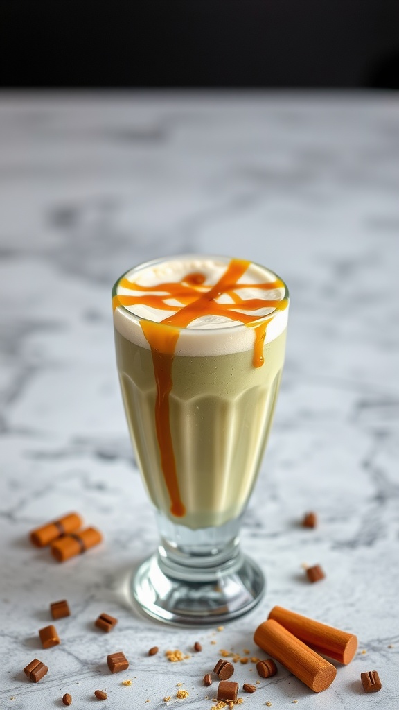 A glass of Caramel Macchiato Green Smoothie topped with caramel drizzle.