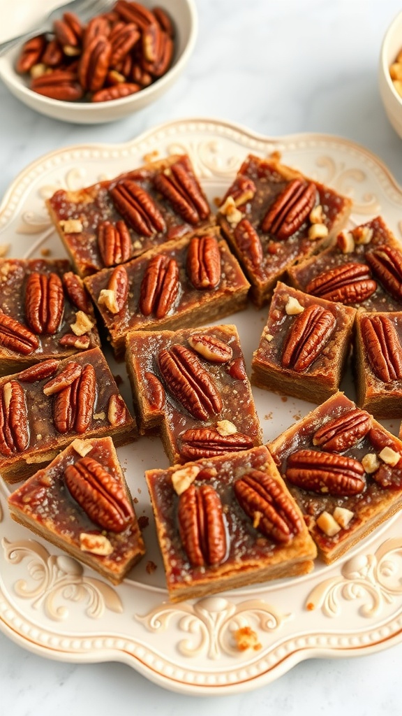 Delicious caramel pecan pie bars on a decorative plate.