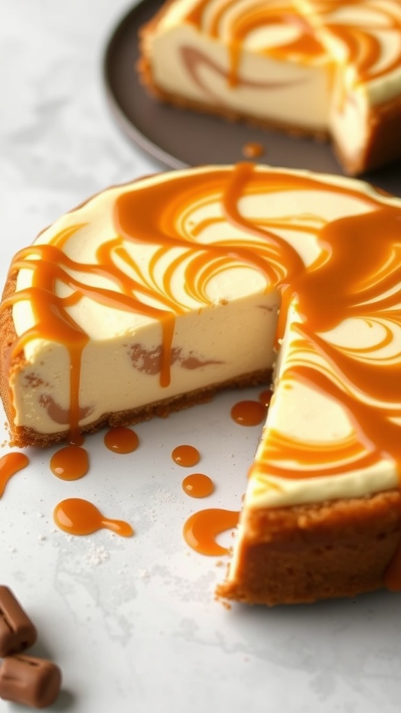 A delicious caramel swirl keto cheesecake with a golden crust