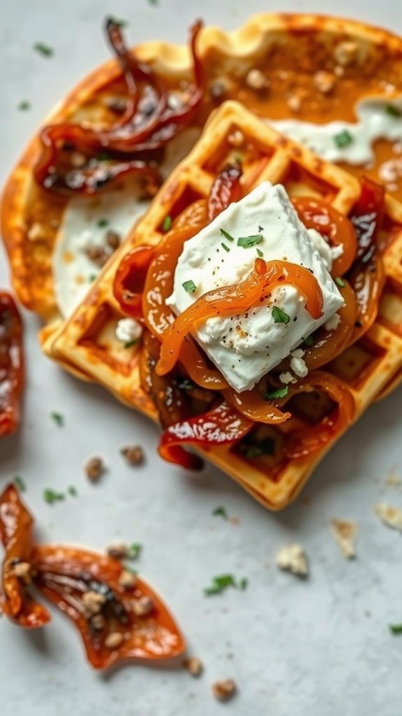 A delicious caramelized onion chaffle served with toppings.