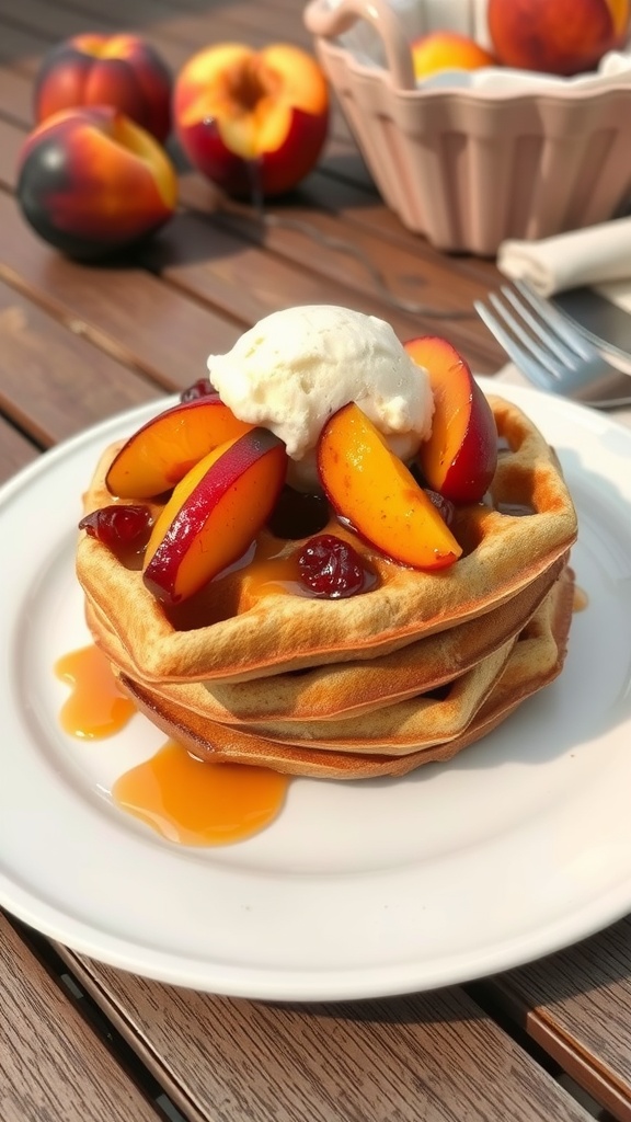 Stack of waffles topped with caramelized peaches and ice cream.